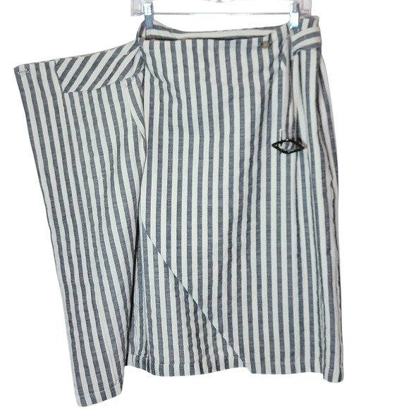 Anthropologie Striped Pencil Skirt Wrap Belted Midi Knee Length Blue & White 10 - Picture 5 of 14